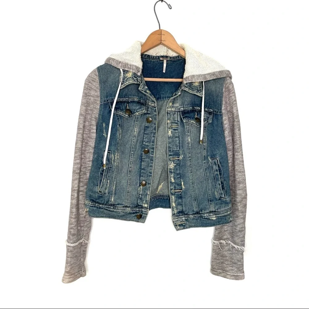 Free People | Mixed Media Distressed Hooded Jean Jacket - Picture 2 of 11
